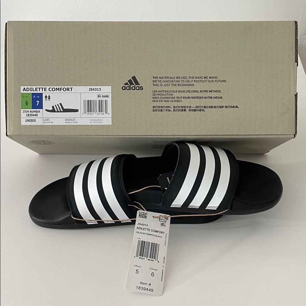 adidas Adeletti Size Men 5 /Women 6 Comfort Slide Sandals, Black & White / Z5 - Picture 6 of 6